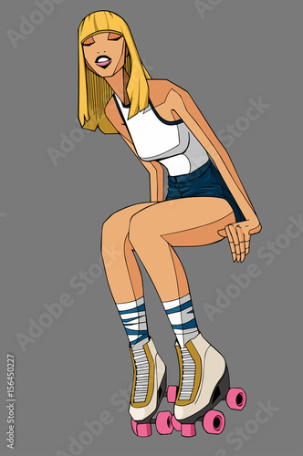illustration of blond hair model with roller skates sitting and smiling