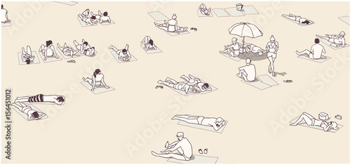 Illustration of people relaxing and sunbathing on sand