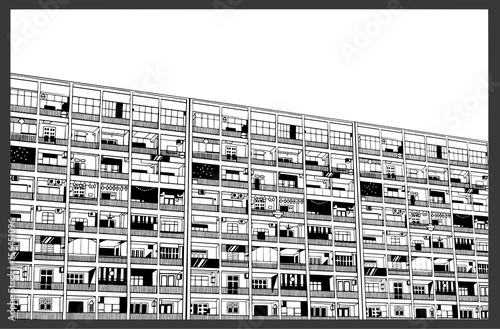 Illustration of asian residential and comercial building in black and white