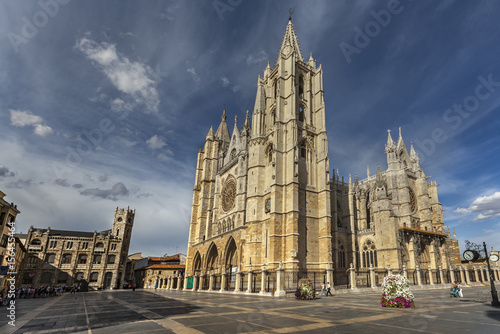 Square Plaza Regla with magnificent gothic cathedral of Leon