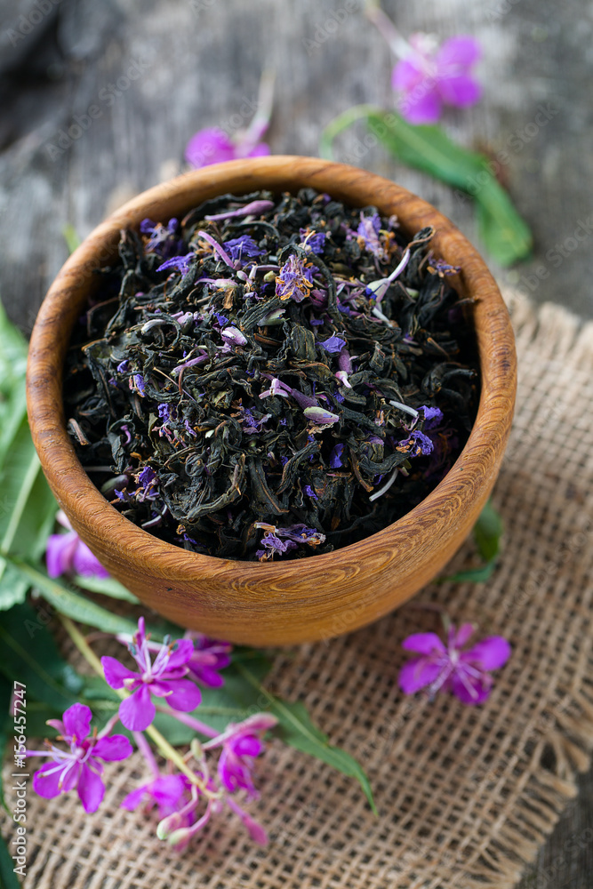 fireweed tea on wooden surface fireweed tea on wooden surface