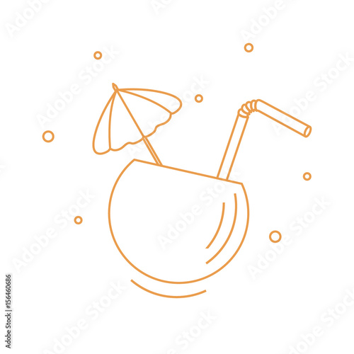 Stylized icon of the cocktail in half coconut, tube and umbrella. Travel and leisure.