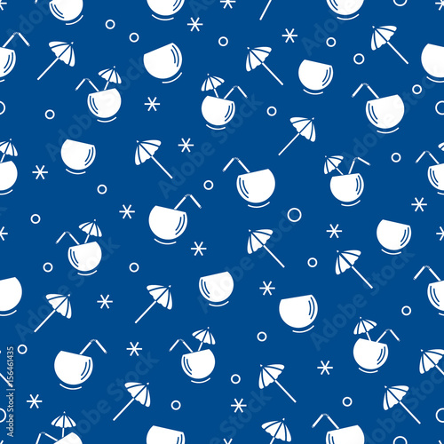 Cute seamless pattern with cocktail in half coconut, tube and umbrella. Travel and leisure.