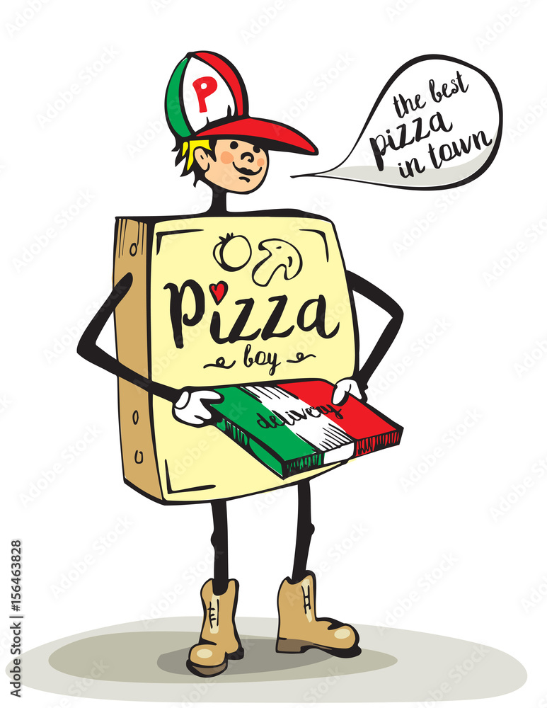 Cartoon delivery boy with pizza isolated on white background. Pizza box  Stock Vector | Adobe Stock