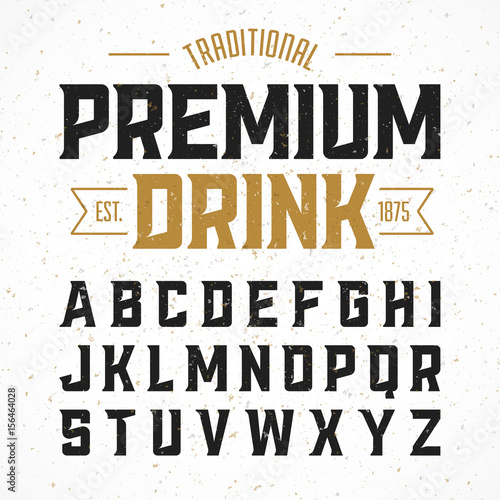 Vintage style font. Traditional premium drink simple label design alphabet. Ideal for any design in vintage style