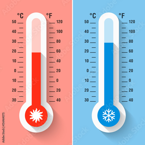 Celsius and Fahrenheit thermometers measuring heat and cold temperature, meteorology equipment