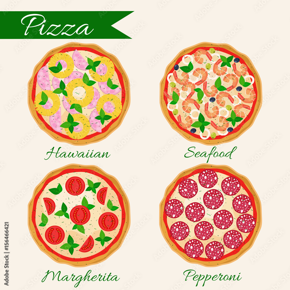 Pizza set vector illustration. Hawaiian pizza, pizza Margherita, Pepperoni, Seafood pizza Pizza set vector illustration. Hawaiian pizza, pizza Margherita, Pepperoni, Seafood pizza