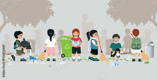 Kids are sweeping garbage in the garden.