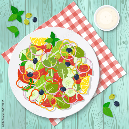 Bowl of salad with vegetables on checkered tablecloth and wooden board. Vector illustration.