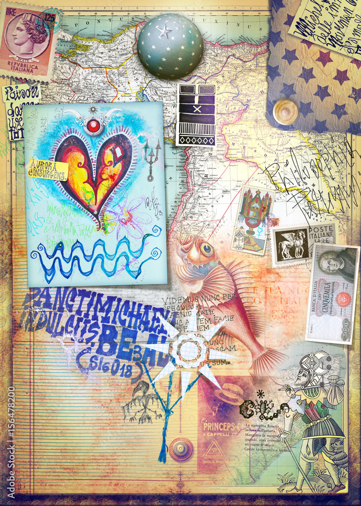 Alchemic manuscript with collage,sketches,draws and  pachtworks