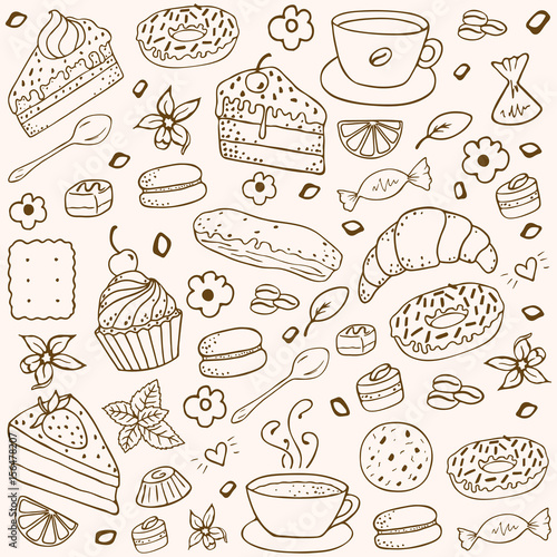 Coffee and bakery hand-drawn elements set