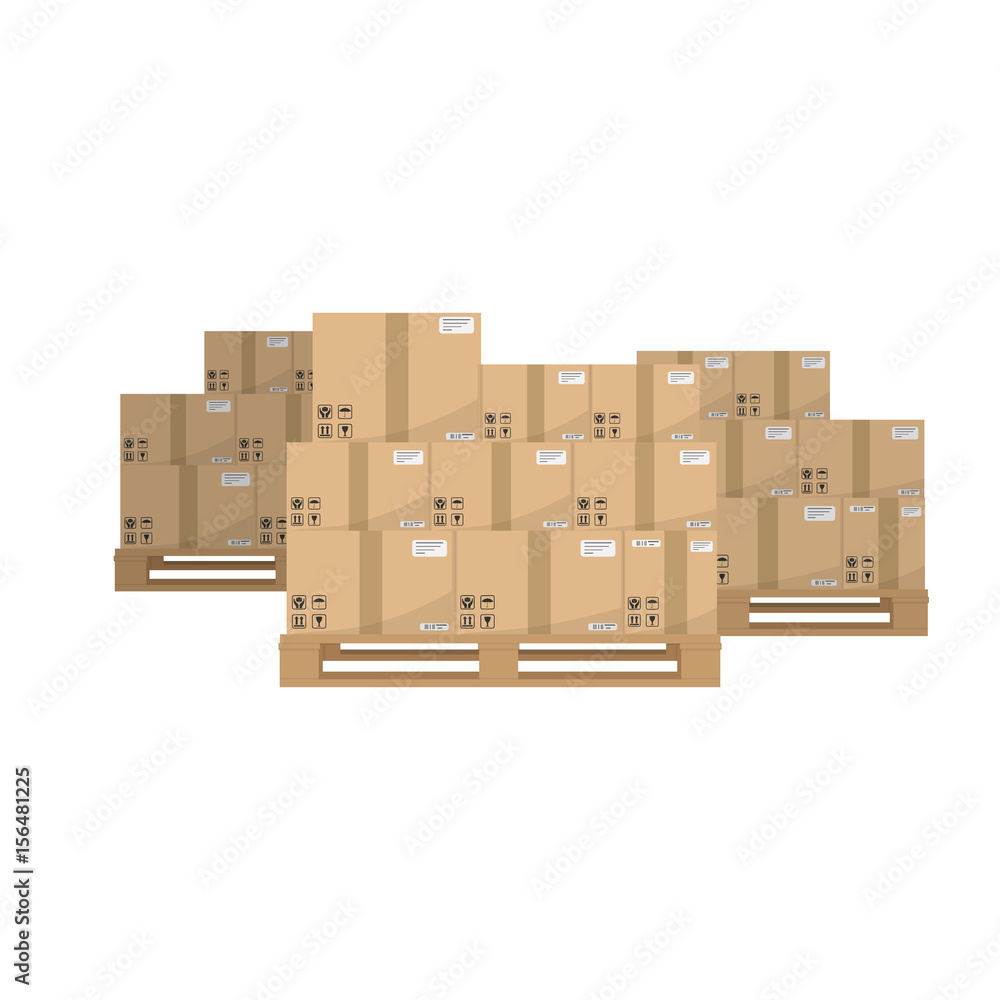 Boxes on wooded pallet. Brown closed carton delivery packaging boxes with fragile signs on wooden pallet Boxes on wooded pallet. Brown closed carton delivery packaging boxes with fragile signs on wooden pallet