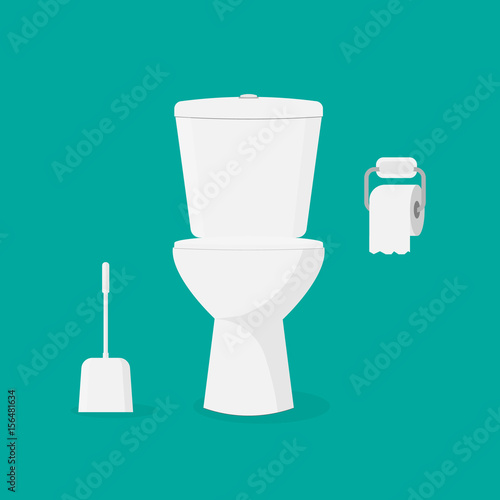 Toilet bowl, toilet paper and brush for toilet bowl.