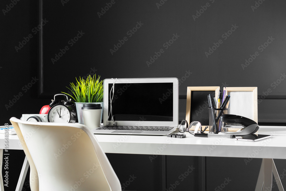 Office leather desk table with computer, supplies Office leather desk table with computer, supplies