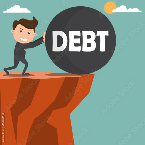 Businessman pushing debt on the cliffs - Vector illustration