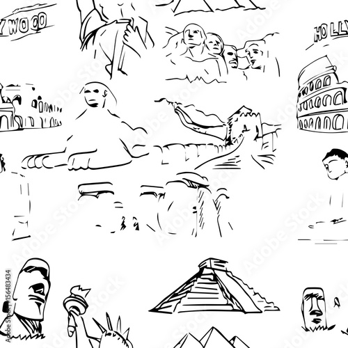 famous global landmark set seamless pattern design - vector illustration sketch hand drawn with black lines  isolated on white background