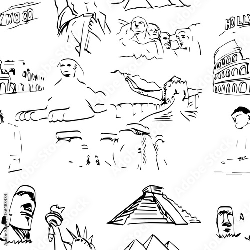 famous global landmark set seamless pattern design - vector illustration sketch hand drawn with black lines, isolated on white background