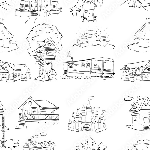 habitation set seamless pattern design - vector illustration sketch hand drawn with black lines, isolated on white background