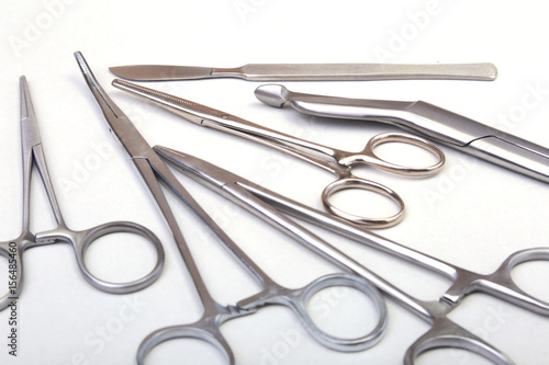 Close Up Surgical instruments and tools on white background. Selective focus.