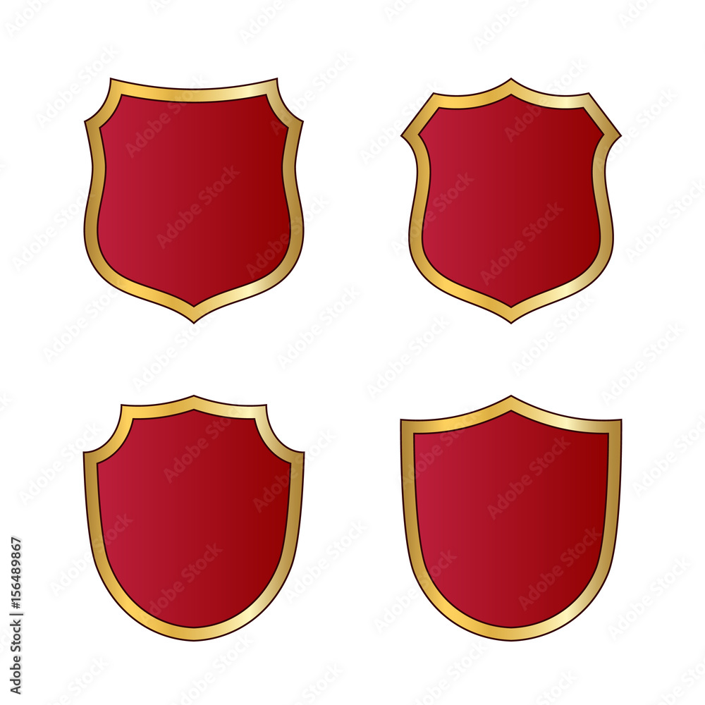 Gold and red shield shape icons set. Logo emblem metallic signs isolated on white background. Shape shield symbol of security, protection or armor, safe. Shiny element design Vector illustration Gold and red shield shape icons set. Logo emblem metallic signs isolated on white background. Shape shield symbol of security, protection or armor, safe. Shiny element design Vector illustration