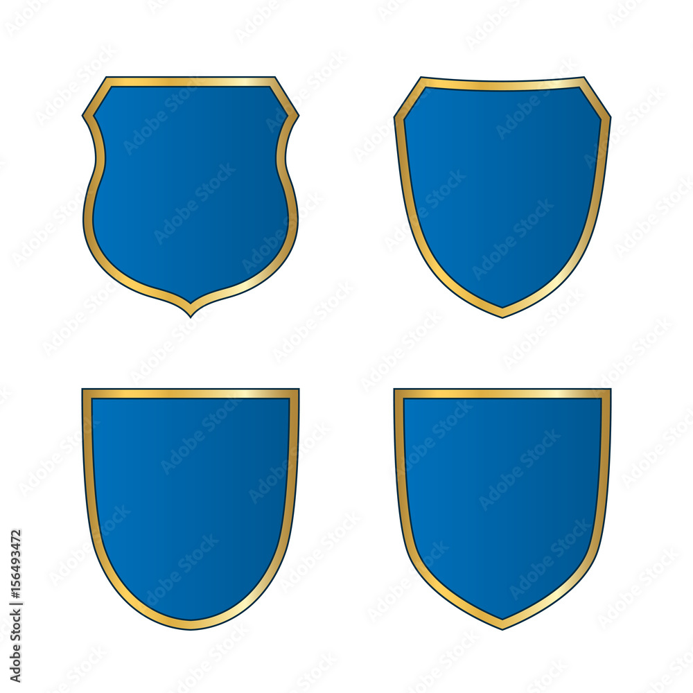 Gold-blue shield shape icons set. Bright logo emblem sign isolated on white background. Empty shape shield. Symbol of security, protection, defense. Shiny element design Vector illustration Gold-blue shield shape icons set. Bright logo emblem sign isolated on white background. Empty shape shield. Symbol of security, protection, defense. Shiny element design Vector illustration