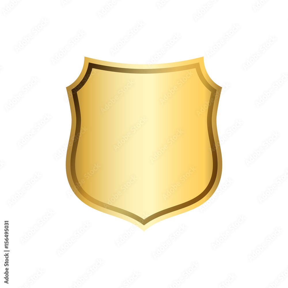 Gold shield shape icon. 3D golden emblem sign isolated on white background. Symbol of security, power, protection. Badge shape shield graphic design Vector illustration Gold shield shape icon. 3D golden emblem sign isolated on white background. Symbol of security, power, protection. Badge shape shield graphic design Vector illustration
