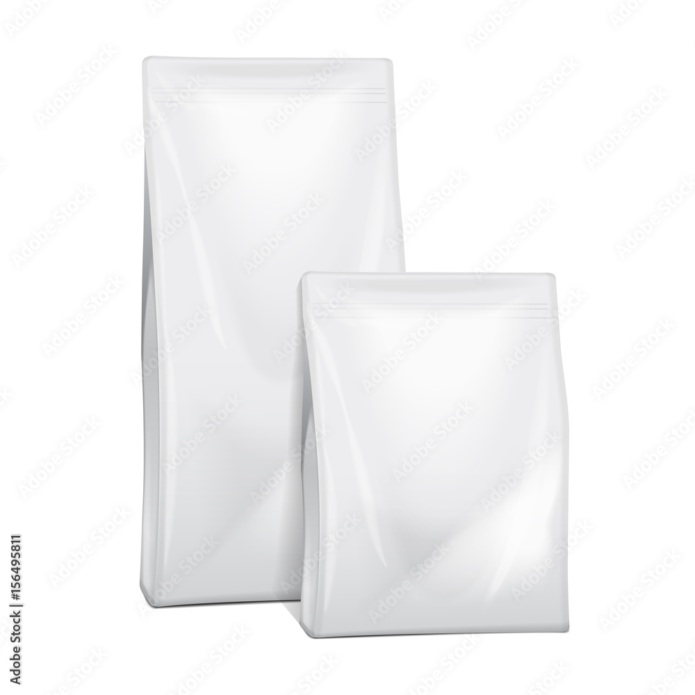 Blank Foil Or Paper Food or Household Chemicals Bag Packaging. sachet Snack Pouch Food For Animals. Vector mock up illustration