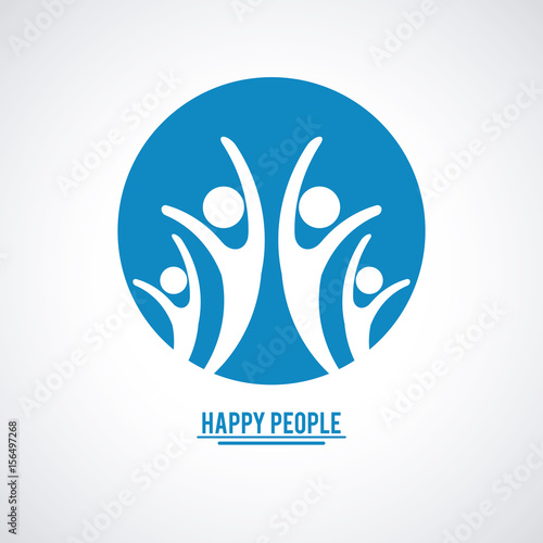 blue color teamwork happy people with four pictograms inside vector illustration