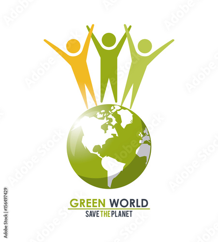 group of people around green globe concept save the planet vector illustration