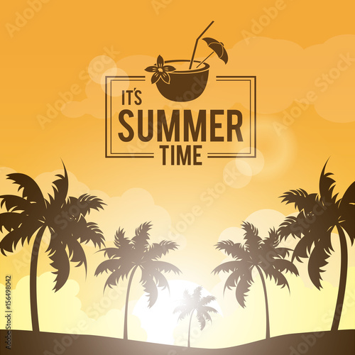 poster landscape of palm trees on the beach with logo summer time and cocktail coconut vector illustration