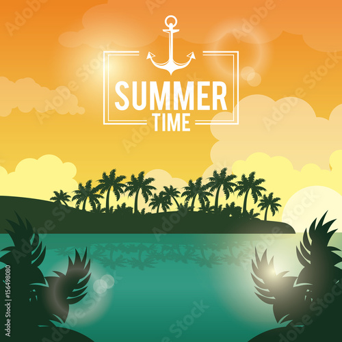 poster sunset landscape of palm trees on the beach with logo summer time with anchor vector illustration