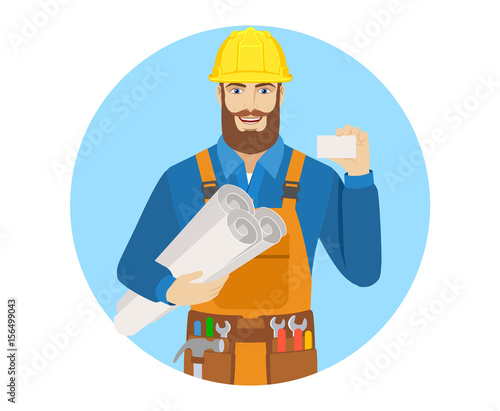 Worker holding the project plans and showing the business card © komissar007