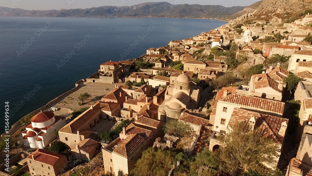 Aerial drone video of Monemvasia medieval castle in Peloponnese, Greece