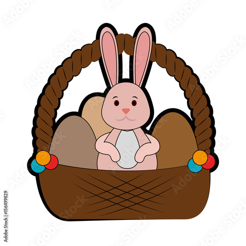 cute bunny with basket with easter eggs icon over white background. colorful design. vector illustration