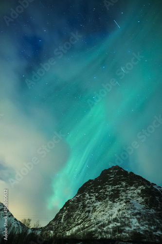 Picturesque Unique Nothern Lights Aurora Borealis Over Lofoten Islands in Nothern Part of Norway. Over the Polar Circle.