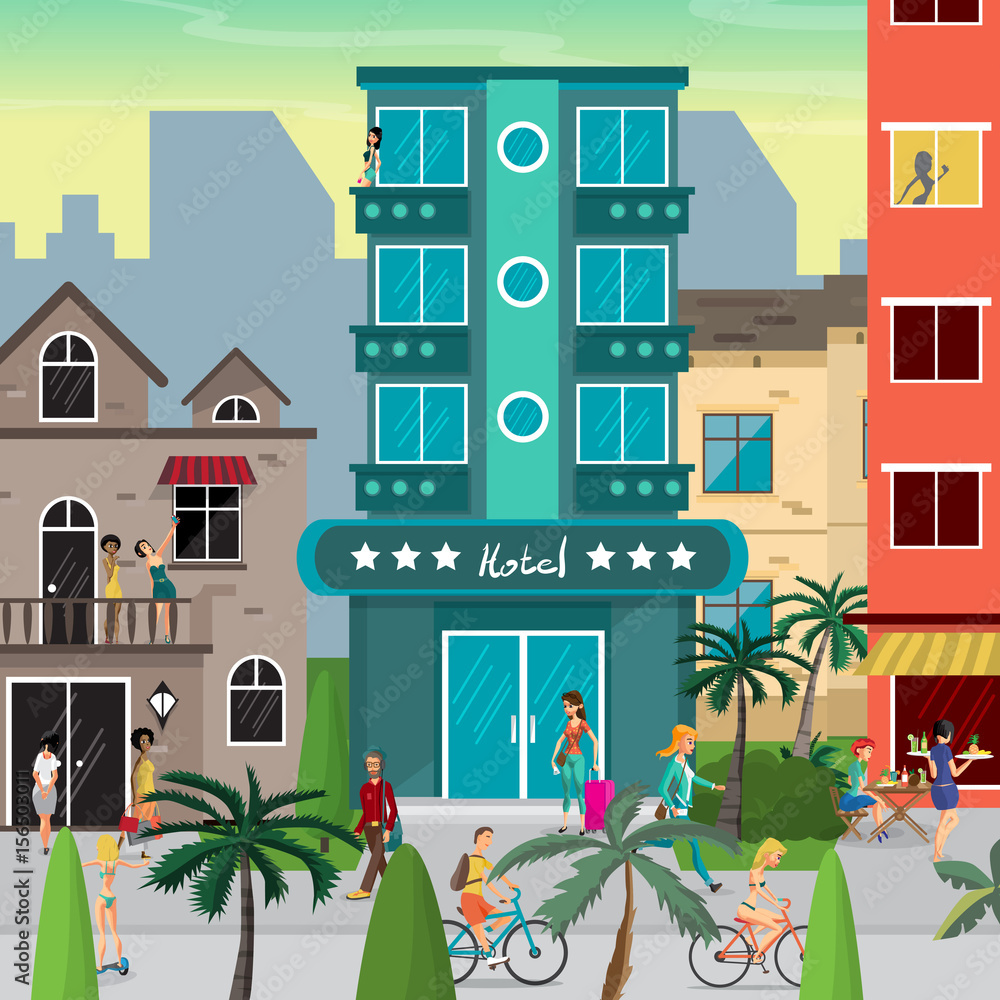Street resort town in the evening. People walk, come back from t Street resort town in the evening. People walk, come back from t