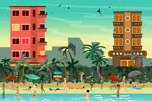Tropical beach in the resort town with hotels. Women in a bikini