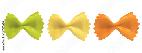 Farfalle pasta, isolated, three colors. Clipping path