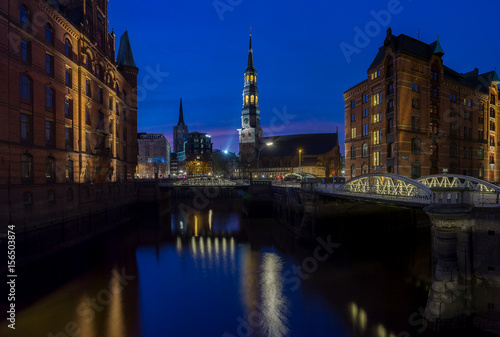 Hamburg Germany, at the blue hour view of St. Michael's Church