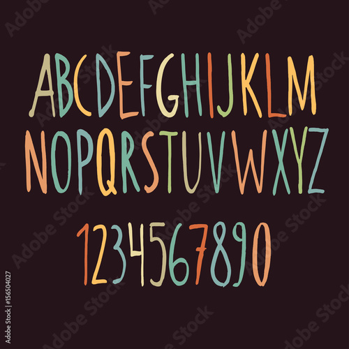Hand drawn color alphabet made with brush. Vector illustration.
