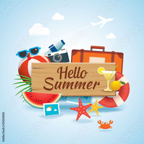 hello summer time travel season banner design and colorful beach elements in background.
