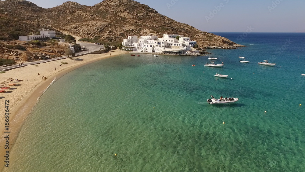 Obraz premium Aerial drone photo of Milopotas of Ios island, Cyclades, Greece