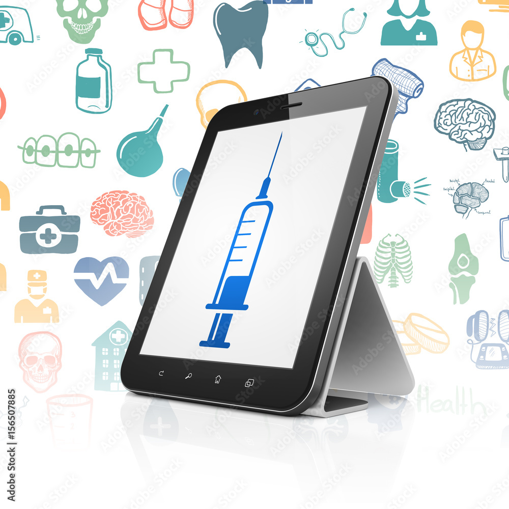 Healthcare concept: Tablet Computer with Syringe on display