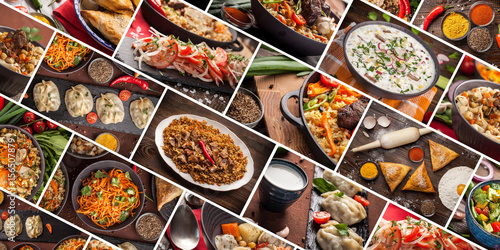 Traditional oriental, Uzbek cuisine, salad, chuchvara, pilaf, manti and samsa, a set of dishes made in one set © zukamilov
