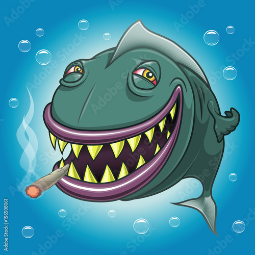 Smiling cartoon fish smoking marijuana