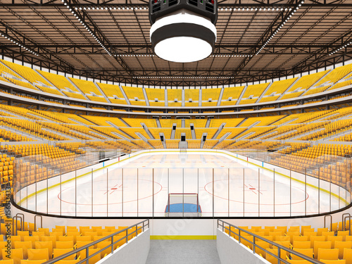 Beautiful sports arena for ice hockey with yellow seats  VIP boxes and floodlights for fifty thousand fans - 3D render