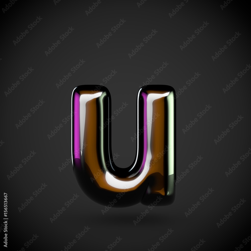 Glossy black letter U lowercase with colored reflections Glossy black letter U lowercase with colored reflections