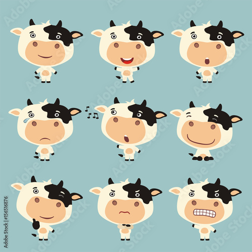 Set funny cow in different poses. Collection isolated cow in cartoon style for design children holiday or dairy products.