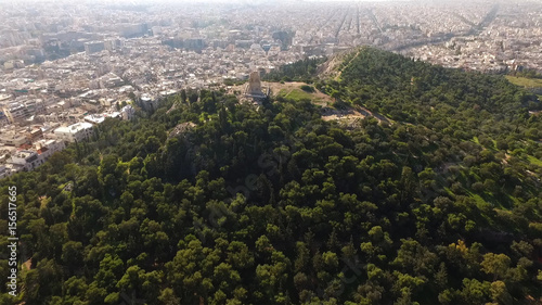 Aerial drone photo of Filopapos hill  Athens  Attica  Greece