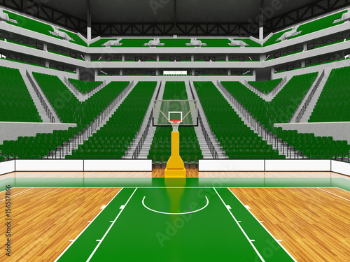 Beautiful modern sport arena for basketball with green chairs and VIP boxes for twenty thousand people